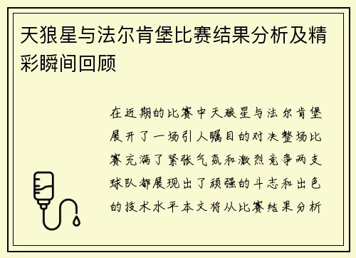 天狼星与法尔肯堡比赛结果分析及精彩瞬间回顾